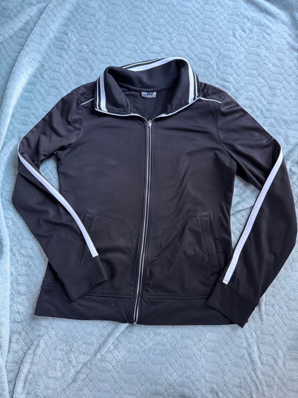 Black Zip-Front Bomber Jacket with White Stripe Accents
